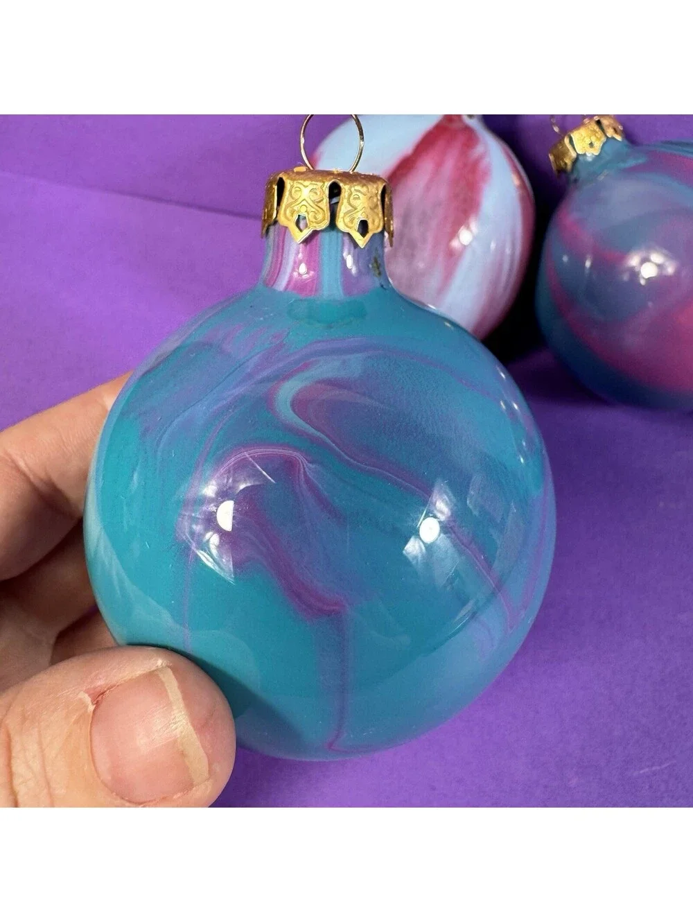 4 Vintage Glass Christmas Ornaments Swirl Marbled Red Blue Teal Handpainted 1990
